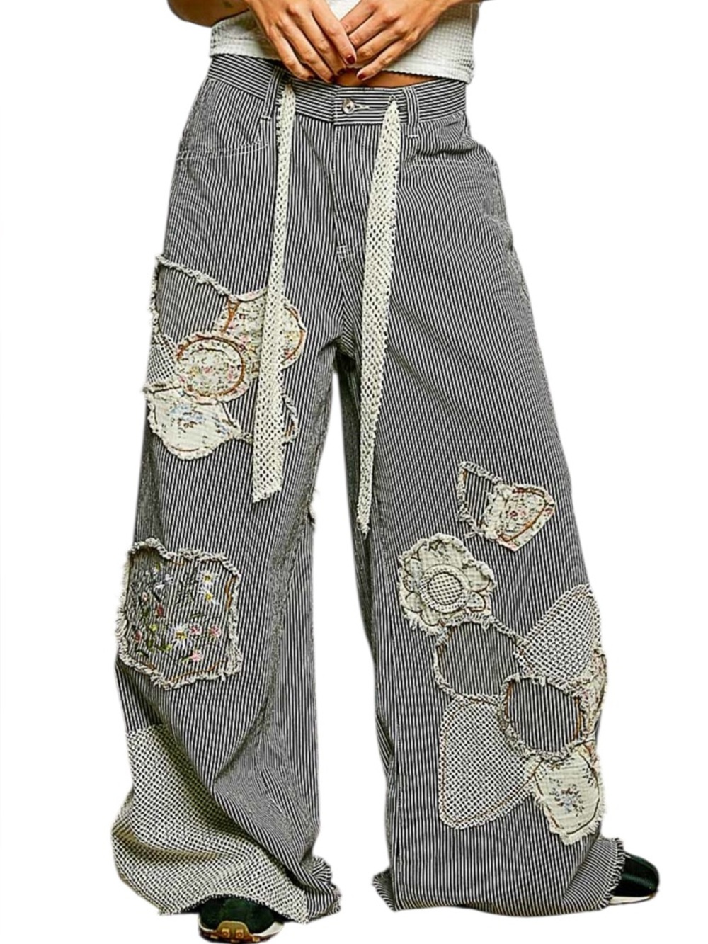 COMING SOON POL Black Striped Cotton Patchwork Wide Leg Pant